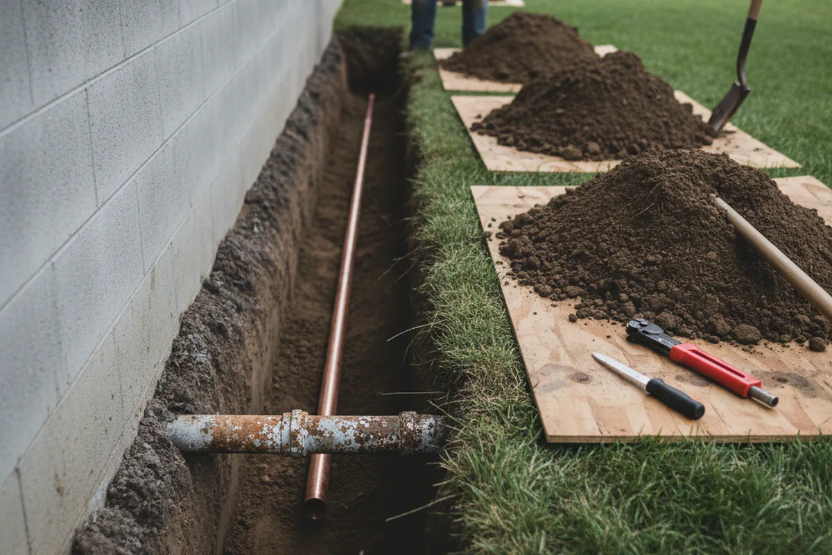 Excavated water line trench during Water Heater Repair in Treece